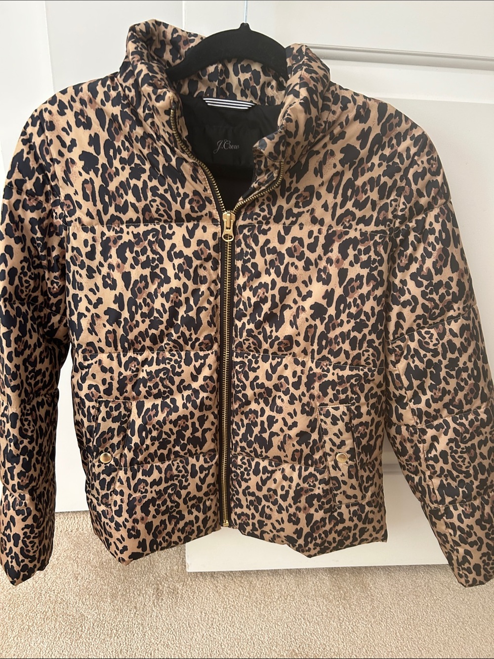 J. Crew Leopard-Print Puffer Jacket in Tan & Black